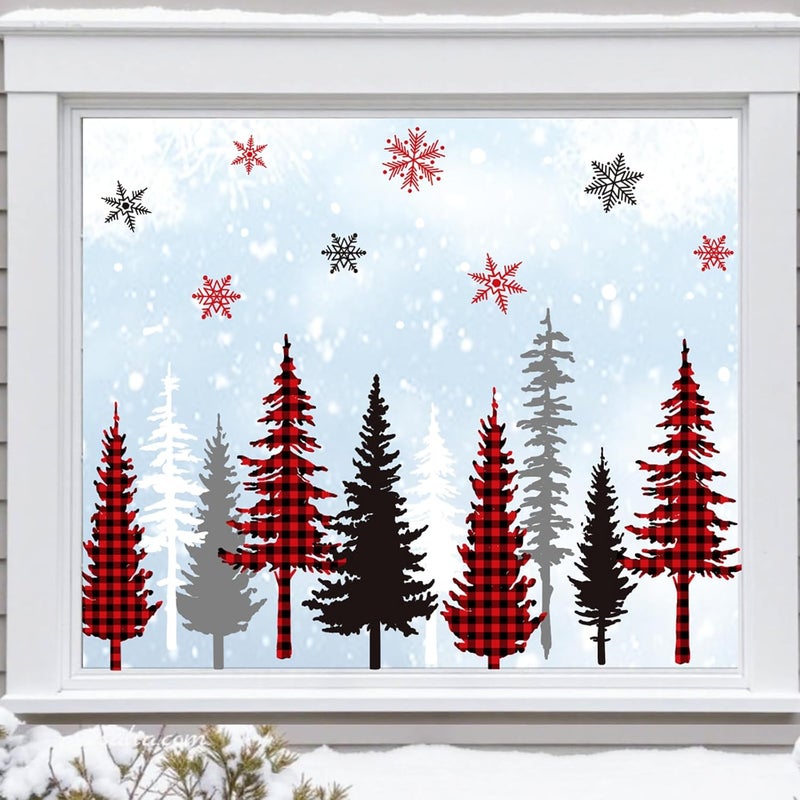 Whaline 9 Sheet Christmas Window Clings Red Black Gray Xmas Trees Snowflake Window Decal Reusable Anti-Collision Windows Decor for Winter Home School Office Party Supplies - Image 1